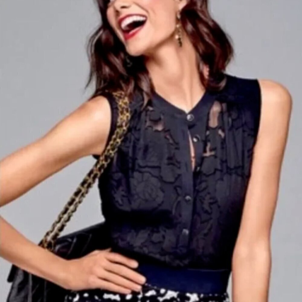 CABI Clip Art 5346 Sheer Floral Sleeveless Henley Blouse Sz S Black #332E